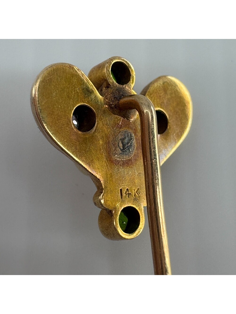 14K Marked Stick Pin Pearl Green Clear Stones Gold Tone Jewelry - Picture 3 of 10
